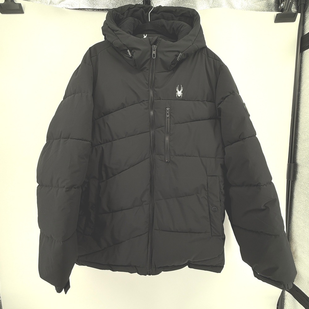 Spyder Puffer Jacket Mens XXL Black‎ Hooded Insulated Full Zip Coat Heavy Puffer
